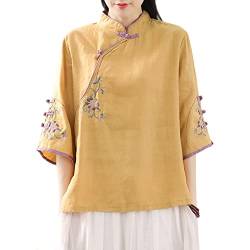 Damen Chinesische Stickerei Blumen Bluse Top 3/4 Ärmel Frosch Knopf Ethno Shirt, gelb, 3X-Groß von YM YOUMU