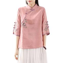 Damen Chinesische Stickerei Blumen Bluse Top 3/4 Ärmel Frosch Knopf Ethno Shirt, rose, 3X-Groß von YM YOUMU