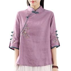 Damen Chinesische Stickerei Blumen Bluse Top 3/4 Ärmel Frosch Knopf Ethno Shirt, violett, 4X-Groß von YM YOUMU