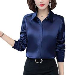 Damen-Satin-Seide, langärmelig, Button-Down-Shirt, formelle Arbeit, seidige Bluse - Blau - Klein von YM YOUMU