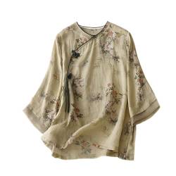 Damen-Sommer-Bluse mit 3/4-Ärmeln, traditioneller Mandarinenkragen, ethnisch, Baumwolle, Leinen, Qipao-Hemd, E025 Light Coffee, Groß von YM YOUMU