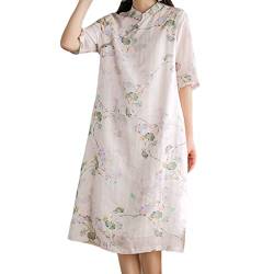 Qipao-Kleid für Damen, Blumenmuster, Bambus-Druck, Baumwolle, Leinen, traditionelles chinesisches Cheongsam-Kleid, B-beige, X-Groß von YM YOUMU