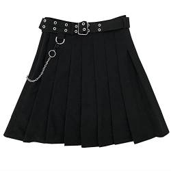 YM YOUMU Damen Punk Gothic Kette Plissee Tennis Rock Kpop Tanz Midi Rock mit Shorts, C797 schwarz mit Kette, X-Klein von YM YOUMU