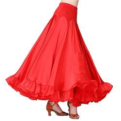 YM YOUMU Frauen Elastische Taille Satin Rüschen Lange Rock für Spanische Flamenco Bauch Folklorico Tanz, Rot/Ausflug, einfarbig (Getaway Solids), Mittel von YM YOUMU
