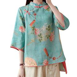 YM YOUMU Frauen Sommer 3/4 Ärmel Chinesische Bluse Top Traditionelle Mandarin Kragen Ethnische Baumwolle Leinen Qipao Shirt, blau, X-Large von YM YOUMU