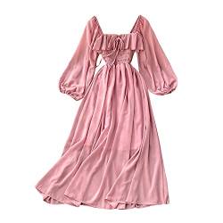 YM YOUMU Frauen Sommer Lange Puffärmel Chiffon Gesmokte Büste Kleid Krawatte Vorne für Hochzeit Party, rose, One size (für kleinere Personen) von YM YOUMU