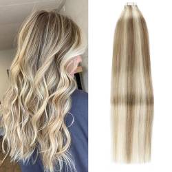 YMEYME Blonde Highlight Tape in Haarverlängerungen Natürliches Hell Kastanienbraun zu Platinblond Echte Menschliche Haarverlängerungen #P8/60 40cm von YMEYME