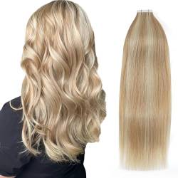 YMEYME Echthaar Tape-in-Haartressen, 45cm, Blond-Highlights, Haarverlängerungstape von Dirty Blonde bis Platinum Blonde, 50g, 20 Stück #P12-60-A von YMEYME