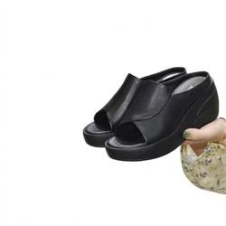 YMLHAQ Sommer Hausschuhe Frauen Sandalen Frauen Pantoffeln Schwarze Keilplattform Offener Frauen Dicke Untere Strandrutschen-Schwarz-36 von YMLHAQ
