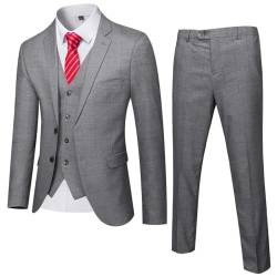 YND Herren Slim Fit 2 Knöpfe 3-teiliges Anzug-Set Solide Blazer Jacke Weste Hose & Krawatte, Hellgrau - Rot kariert, L von YND
