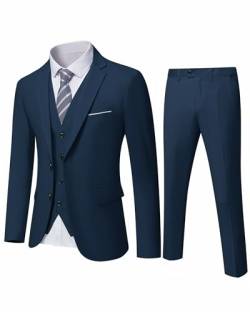 YND Herren Slim Fit 2 Knöpfe 3-teiliges Anzug-Set Solide Blazer Jacke Weste Hose & Krawatte, Tiefes Blau, 3XL von YND