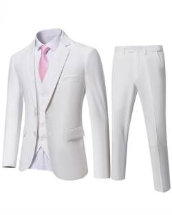 YND Herren Slim Fit 2 Knöpfe 3-teiliges Anzug-Set Solide Blazer Jacke Weste Hose & Krawatte, Weiss/opulenter Garten, L von YND
