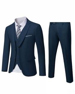 YND Herren Slim Fit 2 Knöpfe 3-teiliges Anzug-Set Solide Blazer Jacke Weste Hose & Krawatte, dunkelblau, M von YND