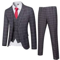 YND Herren Slim Fit 2 Knöpfen 3-teiliges Anzug-Set, solide Blazer Jacke Weste Hose & Krawatte, Dunkelgrau - White Plaid, L von YND