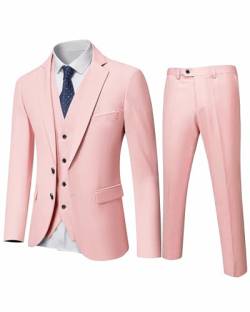 YND Herren Slim Fit 2 Knöpfen 3-teiliges Anzug-Set, solide Blazer Jacke Weste Hose & Krawatte, Helles Pink, S von YND