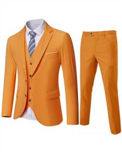 YND Herren Slim Fit 2 Knöpfen 3-teiliges Anzug-Set, solide Blazer Jacke Weste Hose & Krawatte, Orange/Abendrot im Zickzackmuster (Sunset Chevron), S von YND