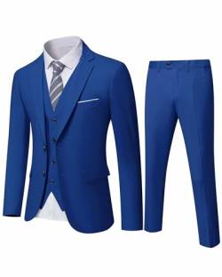 YND Herren Slim Fit 2 Knöpfen 3-teiliges Anzug-Set, solide Blazer Jacke Weste Hose & Krawatte, Saphir, XX-Large von YND