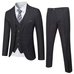 YND Herren Slim Fit 2 Knöpfen 3-teiliges Anzug-Set, solide Blazer Jacke Weste Hose & Krawatte, Schwarz - Black Plaid, XL von YND