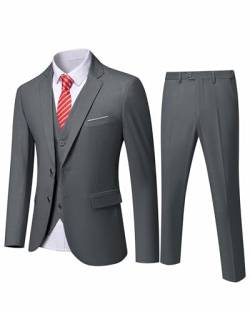 YND Herren Slim Fit 2 Knöpfen 3-teiliges Anzug-Set, solide Blazer Jacke Weste Hose & Krawatte, dunkelgrau, L von YND