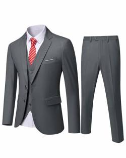 YND Herren Slim Fit 2 Knöpfen 3-teiliges Anzug-Set, solide Blazer Jacke Weste Hose & Krawatte, dunkelgrau, XL von YND