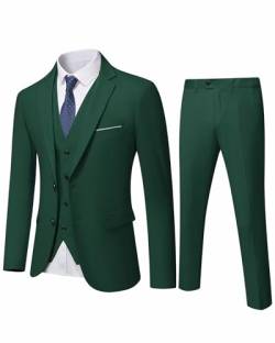 YND Herren Slim Fit 2 Knöpfen 3-teiliges Anzugset Solid Blazer Jacke Weste Hose & Krawatte, dunkelgrün, L von YND