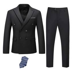 YND Herren Slim Fit 2-teiliger Anzug, zweireihig, solide Jacke Hosen Set mit Krawatte, Schwarz, L von YND