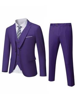 YND Herren Slim Fit 3-teiliger Anzug, Ein-Knopf, solide Jacke, Weste, Hose Set mit Krawatte, deep purple, Large von YND