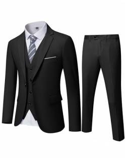 YND Herren Slim Fit 3-teiliger Anzug, Ein-Knopf-Jacke, Weste, Hosen-Set mit Krawatte, Schwarz, L von YND