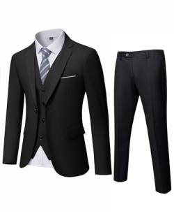 YND Herren Slim Fit 3-teiliger Anzug, Ein-Knopf solide Jacke Weste Hose Set mit Krawatte, Schwarz , XS von YND