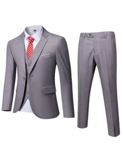 YND Herren Slim Fit 3-teiliger Anzug Ein-Knopf-Jacke Weste Hose Set mit Krawatte, hellgrau, M von YND