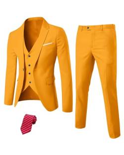 YND Herren Slim Fit 3-teiliges Anzug-Set, EIN-Knopf-Blazer, Weste, Hose mit Krawatte, Orange/Abendrot im Zickzackmuster (Sunset Chevron), M von YND