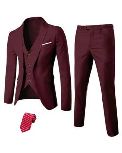 YND Herren Slim Fit 3-teiliges Anzug-Set, Ein-Knopf-Solid Blazer Weste Hose mit Krawatte, Burgunder, X-Large von YND