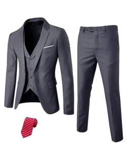 YND Herren Slim Fit 3-teiliges Anzug-Set, ein Knopf solide Blazer Weste Hose mit Krawatte, dunkelgrau, L von YND