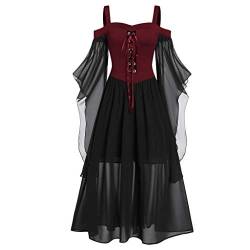 Halloween Damen Kostüm Rotes V-Hals Langarm Kleid Halloween Damen Skinny Passform Mittellanger Rock Bekleidung für Ladies für Karneval Fasching von YNIEIAA