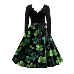 YNIEIAA St. Patrick's Day Kostüm Damen, Kleeblatt Irisches Glücklich Grün Kleid Langarm V-Ausschnitte Große Größen Freizeitkleid Elegant Rockabilly Knielang Partykleid für Frauen Grün 3 L von YNIEIAA