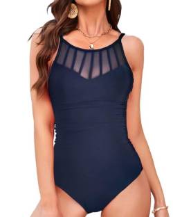 YNIQUE Badeanzug Damen Bauchweg High Waist Bademode Einteiler Badeanzüge Push Up Swimsuit Mesh-Badeanzug Dunkelblau Monokini von YNIQUE