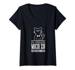 Damen Ich versuche mich zu benehmen Spruch Katze Lustig Kind Frech T-Shirt mit V-Ausschnitt von YO! Diese Klamotten