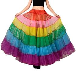 YO-HAPPY Damenrock, Mehrfarbiger Regenbogen A-Linie Maxi Tutu Rock Plissee Bodenlänge Mesh Petticoat von YO-HAPPY
