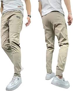 YODAOLI Men's High Stretch Multi-Pocket Skinny Cargo Pants Elastic Casual Jogger Active Pants (29,Khaki) von YODAOLI