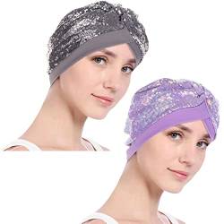 YOFASEN Damen Pailletten Turban-Hüte - Atmungsaktiver Beanie Kopfbedeckung Chemotherapie Hijab Bandanas Haarverlust Hut Kopftuch, Silber+Violett/2pcs von YOFASEN