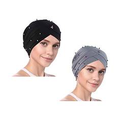 YOFASEN Slouchy Beanie Mütze - Frauen Muslimische Mütze Beanie Turban Kopf Rüschen Perlen Chemo Kappen Einwickeln für Haarausfall(2er Pack), schwarz + grau, One size von YOFASEN