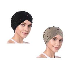 YOFASEN Slouchy Beanie Mütze - Frauen Muslimische Mütze Beanie Turban Kopf Rüschen Perlen Chemo Kappen Einwickeln für Haarausfall(2er Pack), schwarz + khaki, One size von YOFASEN