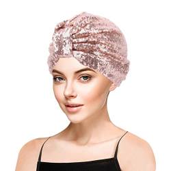 YOFASEN Turban Mütze Für Damen Soft Beanie Schlafmütze，Kristall Pailletten Stirnband, Winddicht Und Warm，Champagner von YOFASEN