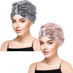 YOFASEN Turban Mütze Für Damen Soft Beanie Schlafmütze，Kristall Pailletten Stirnband, Winddicht Und Warm，Dunkelgrau*1+Champagner *1 von YOFASEN