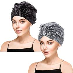 YOFASEN Turban Mütze Für Damen Soft Beanie Schlafmütze，Kristall Pailletten Stirnband, Winddicht Und Warm，Schwarz * 1 + Dunkelgrau * 1 von YOFASEN