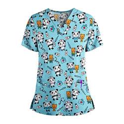 Kleidung Krankenhaus Schlupfhemd Bluse Kurzarm V-Neck T-Shirt Mischgewebe Kasack Damen Pflege mit Katze Motiv Bunt Arzt Uniform Berufsbekleidung Krankenschwester von YOGALULU