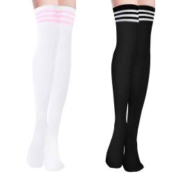 YOGINGO 2 Paar Kniestrümpfe Overknee Strümpfe Damen Thigh High Socks Lange Gestreifte Socken Schwarz Warme Knee Stockings Knee High Beinwärmer Schenkel Socken für Mädchen von YOGINGO