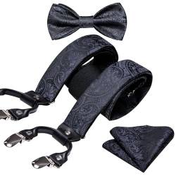 YOHOWA Paisley Straps- und Fliege-Set, Herren, gewebte Seide, verstellbare Hosenträger, Fliege, Einstecktuch, Manschettenknöpfe, Set, Solides Schwarz, Einheitsgröße von YOHOWA