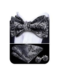 YOHOWA Seidenset Fliege und Einstecktuch Manschettenknöpfe Set für Hochzeit Party Smoking Herren Jungen, Silber Schwarz Blume, Einheitsgröße von YOHOWA