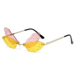 YOJUED Sonnenbrille mit Libelle Flügel Schmetterling Unregelmäßige Brille für Damen Mädchen (Rosa gelb) von YOJUED
